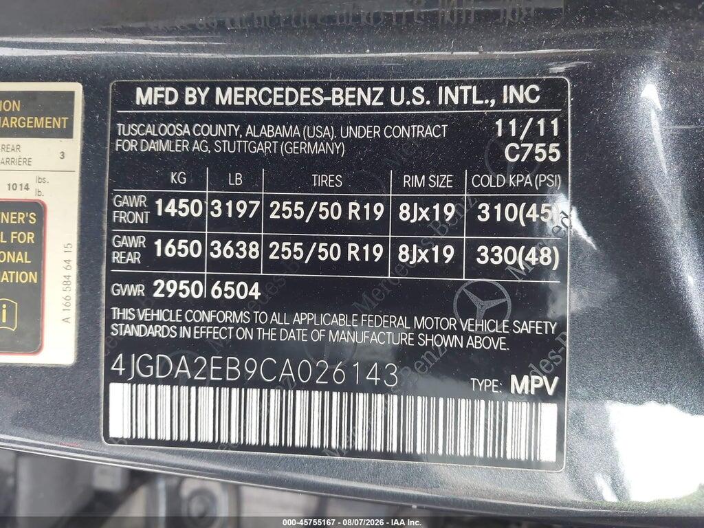 4JGDA2EB9CA026143 2012 MERCEDES-BENZ ML 350 BLUETEC photo no. 9