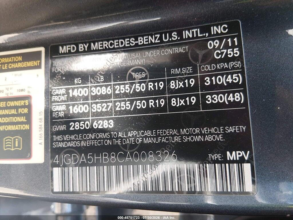 4JGDA5HB8CA008326 2012 MERCEDES-BENZ ML 350 photo no. 9