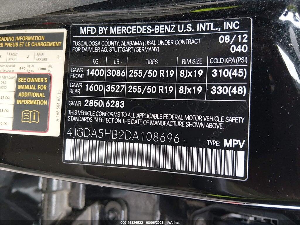 4JGDA5HB2DA108696 2013 MERCEDES-BENZ ML 350 photo no. 9