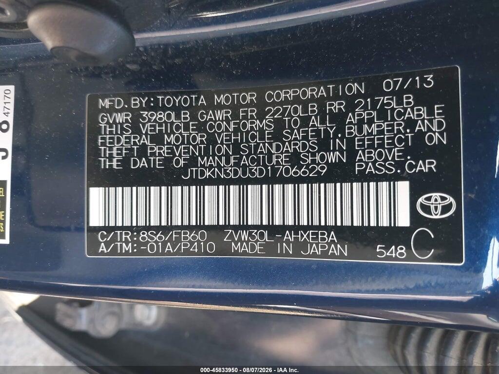 JTDKN3DU3D1706629 2013 TOYOTA PRIUS photo no. 9