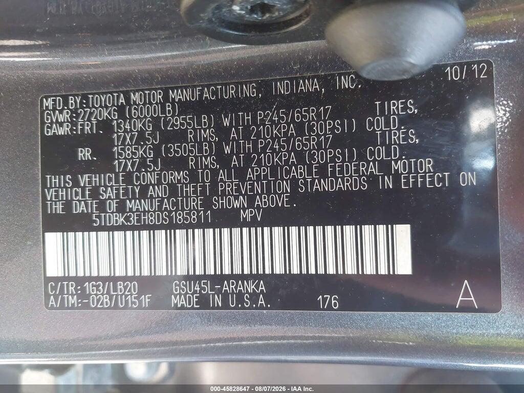 5TDBK3EH8DS185811 2013 TOYOTA HIGHLANDER photo no. 9