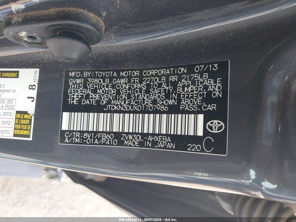 JTDKN3DUXD1707986 2013 TOYOTA PRIUS photo no. 9