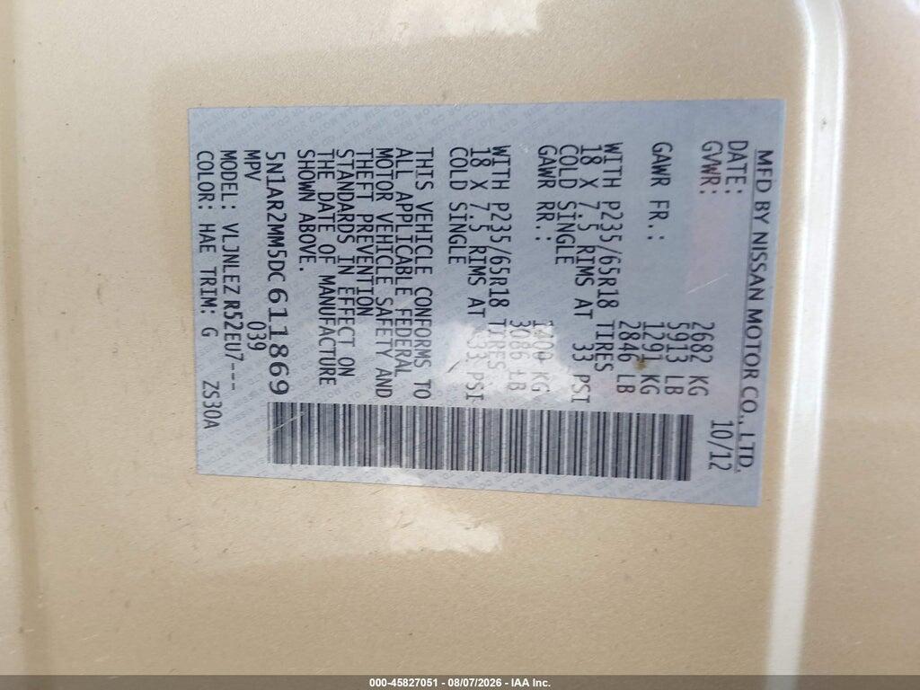 5N1AR2MM5DC611869 2013 NISSAN PATHFINDER photo no. 9