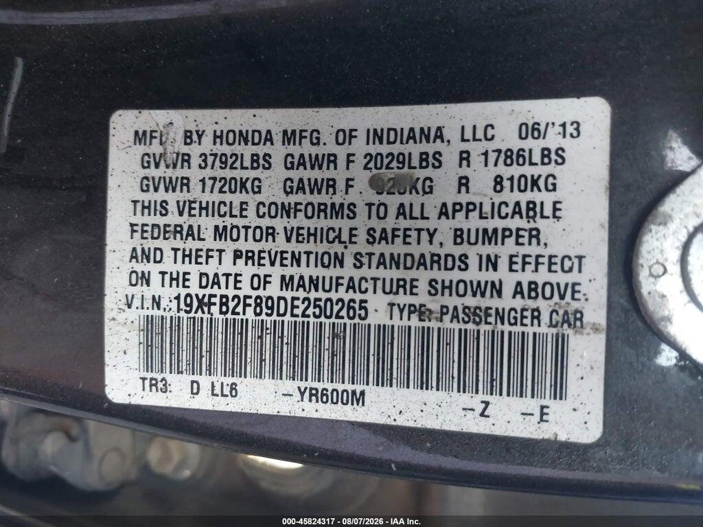 19XFB2F89DE250265 2013 HONDA CIVIC photo no. 9