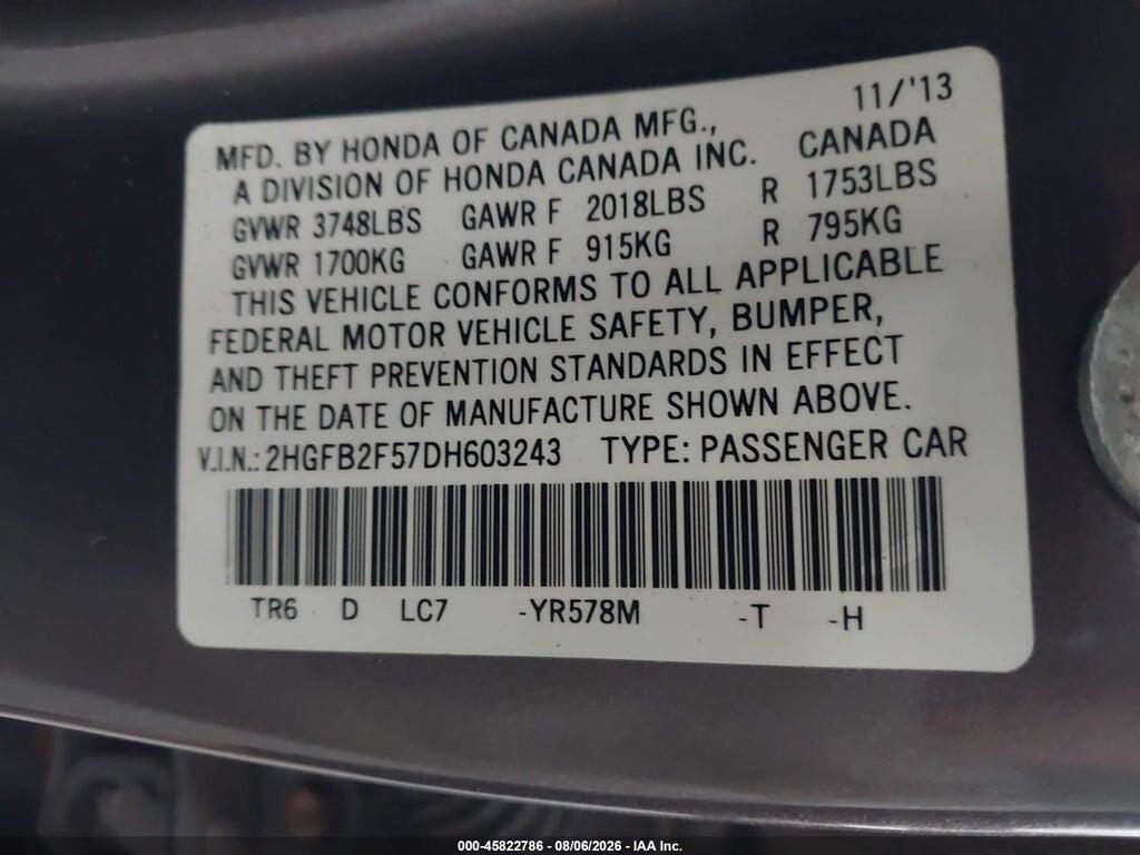 2HGFB2F57DH603243 2013 HONDA CIVIC photo no. 9