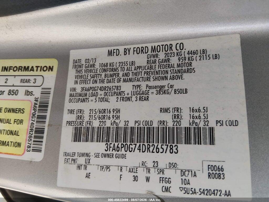 3FA6P0G74DR265783 2013 FORD FUSION photo no. 9