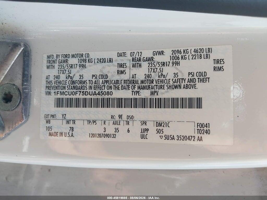 1FMCU0F75DUA45080 2013 FORD ESCAPE photo no. 9