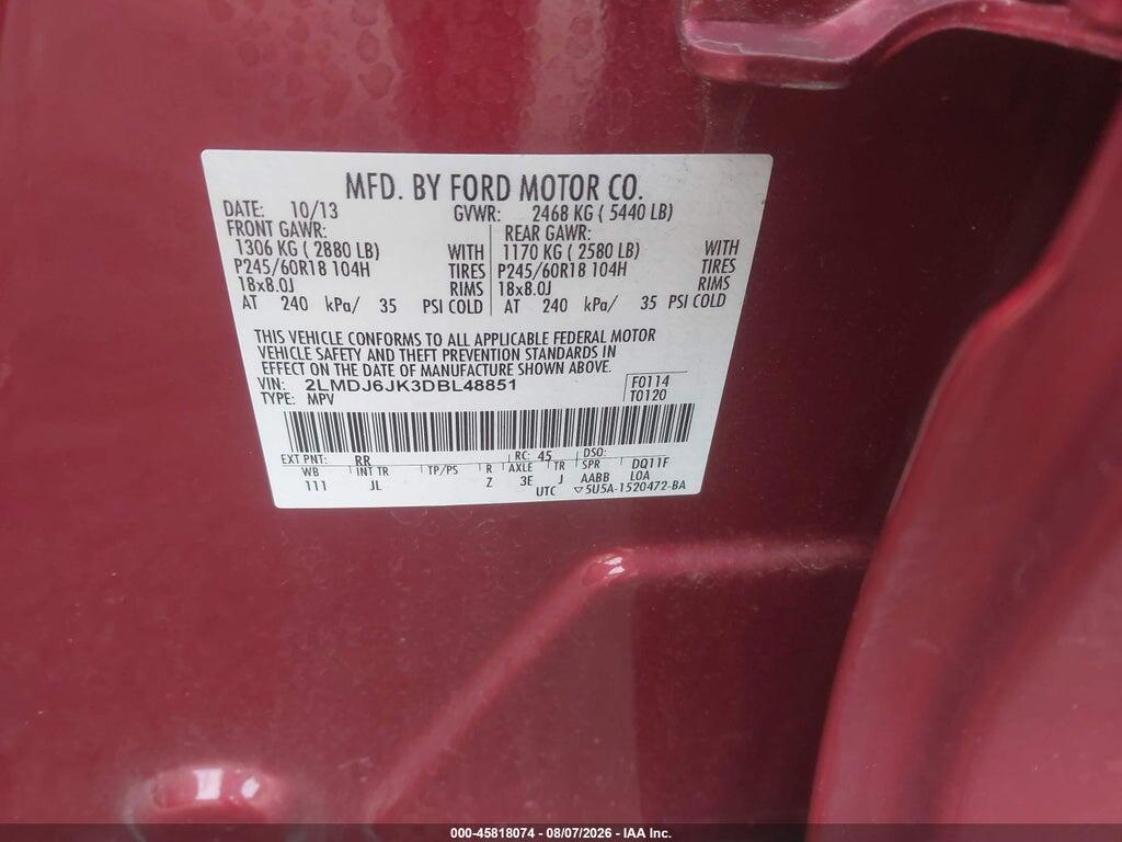 2LMDJ6JK3DBL48851 2013 LINCOLN MKX photo no. 9