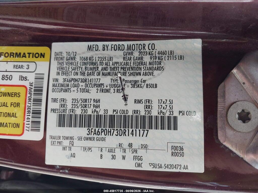 3FA6P0H73DR141177 2013 FORD FUSION photo no. 9