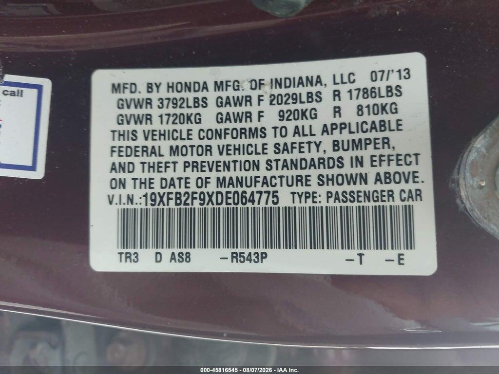 19XFB2F9XDE064775 2013 HONDA CIVIC photo no. 9