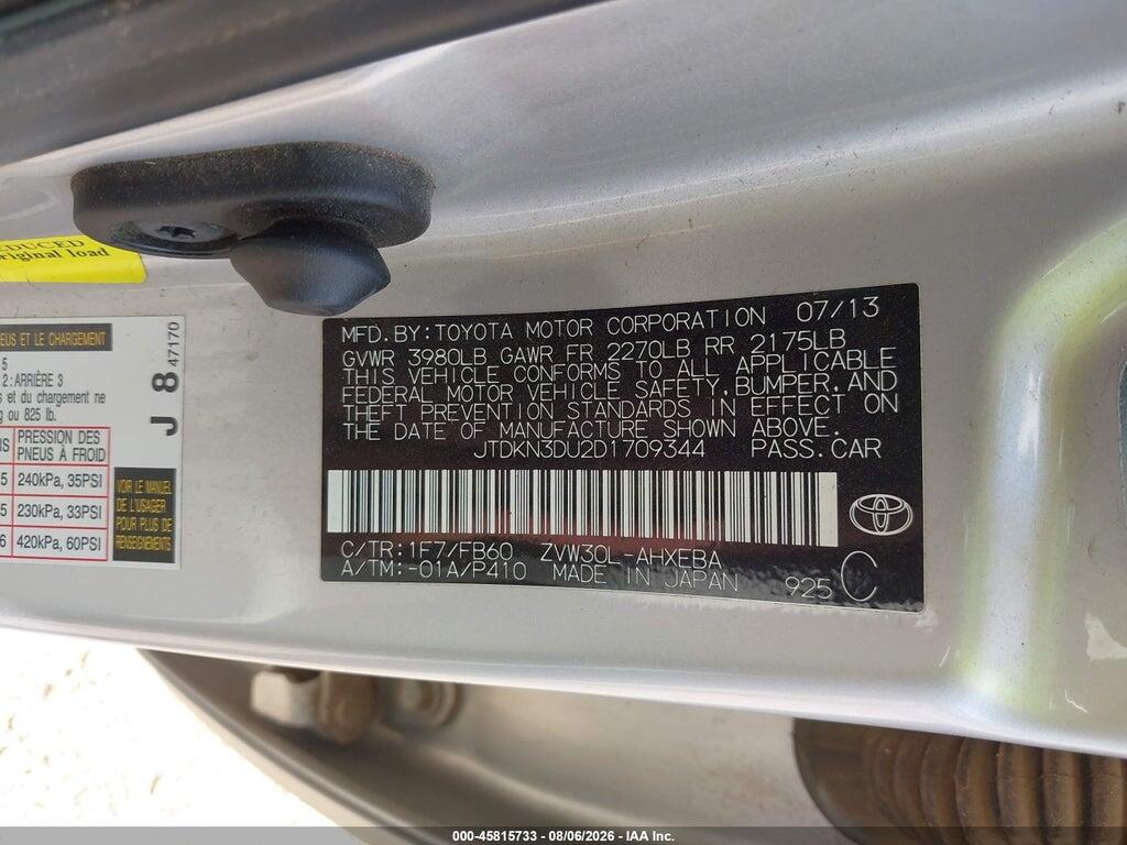 JTDKN3DU2D1709344 2013 TOYOTA PRIUS photo no. 9