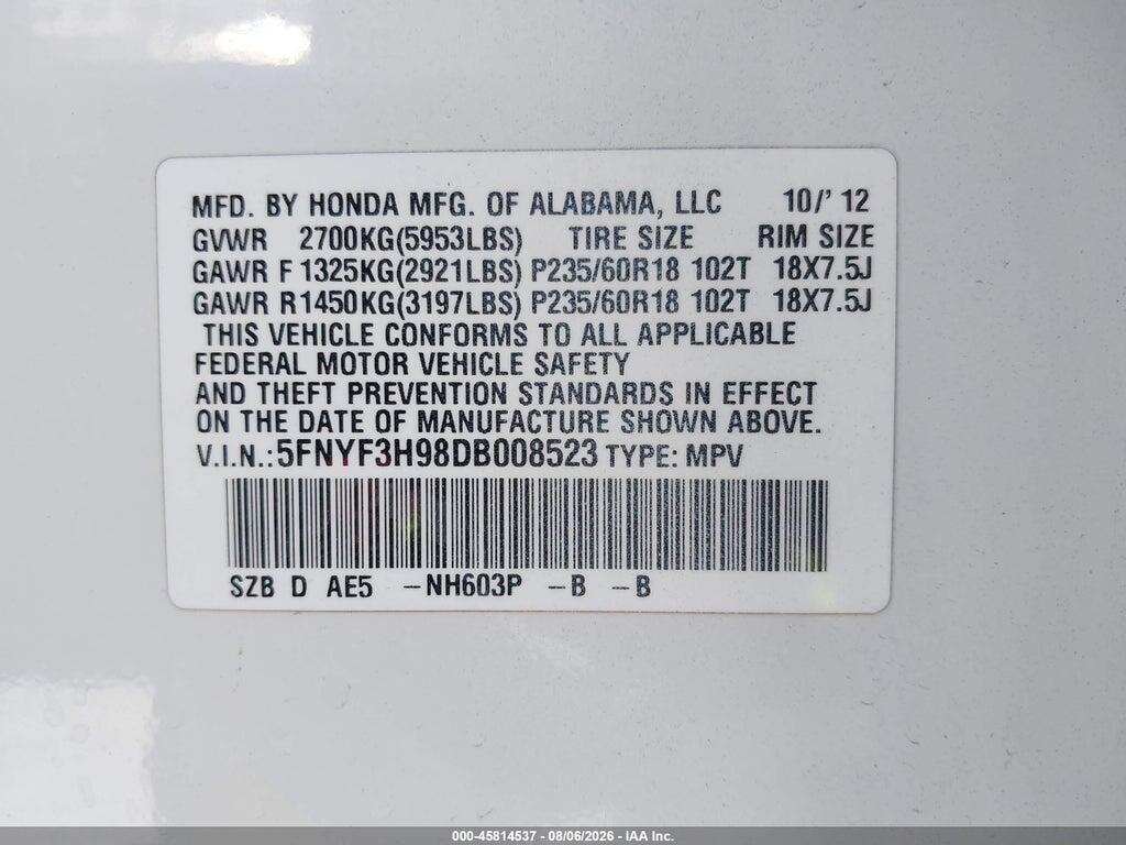 5FNYF3H98DB008523 2013 HONDA PILOT photo no. 9