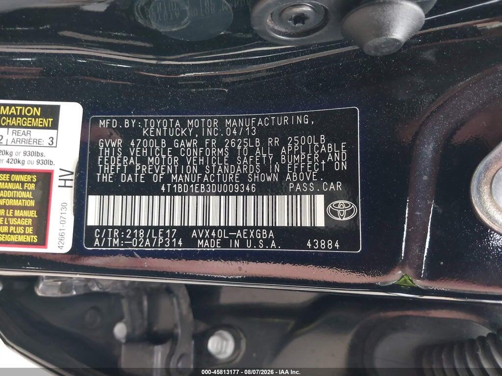 4T1BD1EB3DU009346 2013 TOYOTA AVALON HYBRID photo no. 9