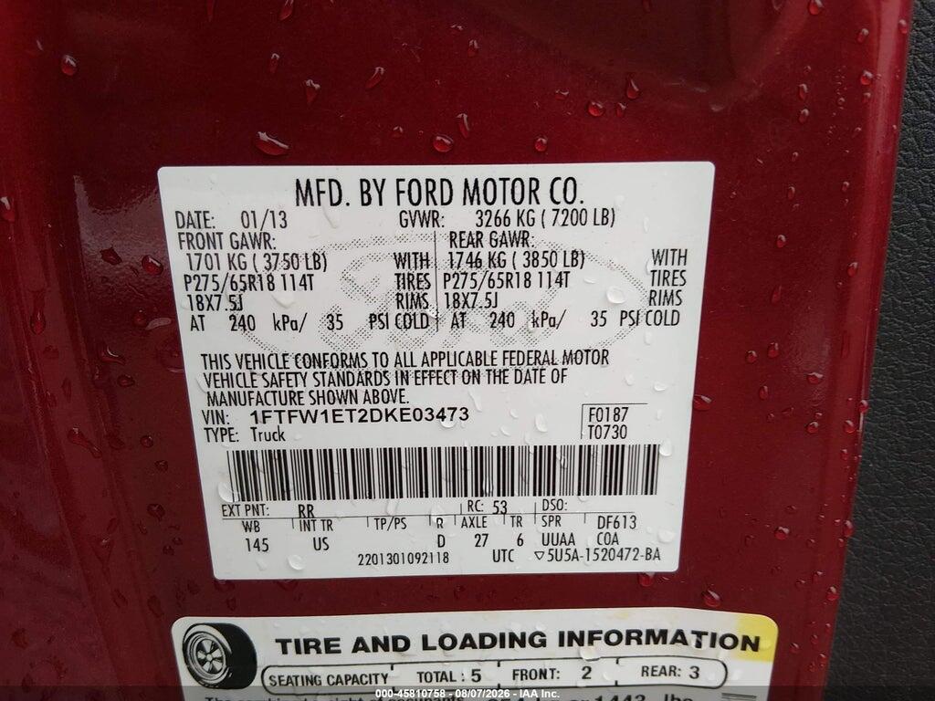 1FTFW1ET2DKE03473 2013 FORD F-150 photo no. 9