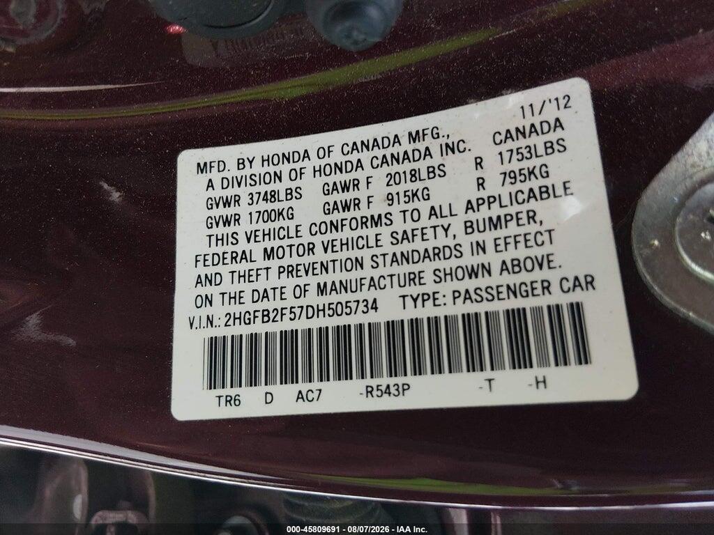2HGFB2F57DH505734 2013 HONDA CIVIC photo no. 9