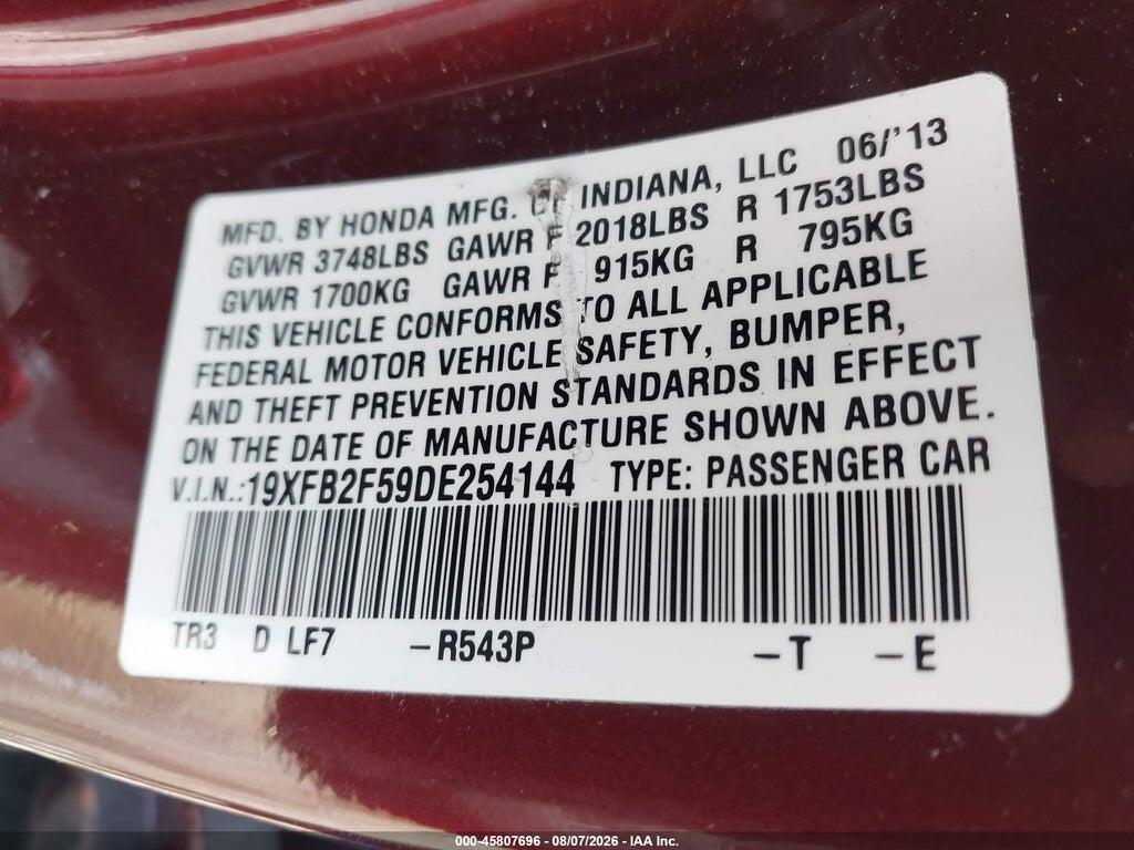 19XFB2F59DE254144 2013 HONDA CIVIC photo no. 9