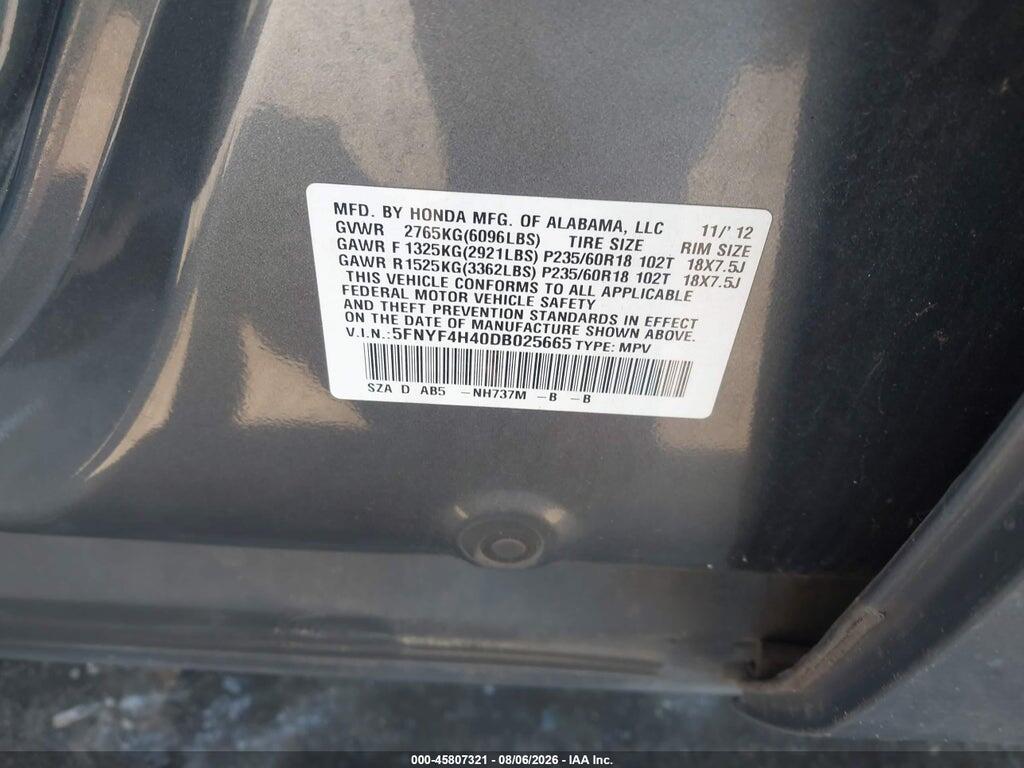 5FNYF4H40DB025665 2013 HONDA PILOT photo no. 9