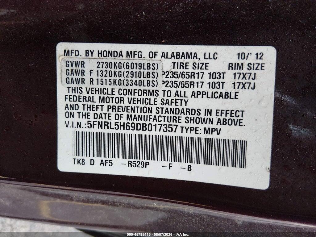 5FNRL5H69DB017357 2013 HONDA ODYSSEY photo no. 9