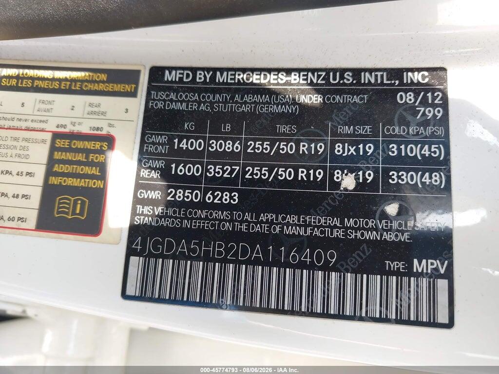 4JGDA5HB2DA116409 2013 MERCEDES-BENZ ML 350 photo no. 9
