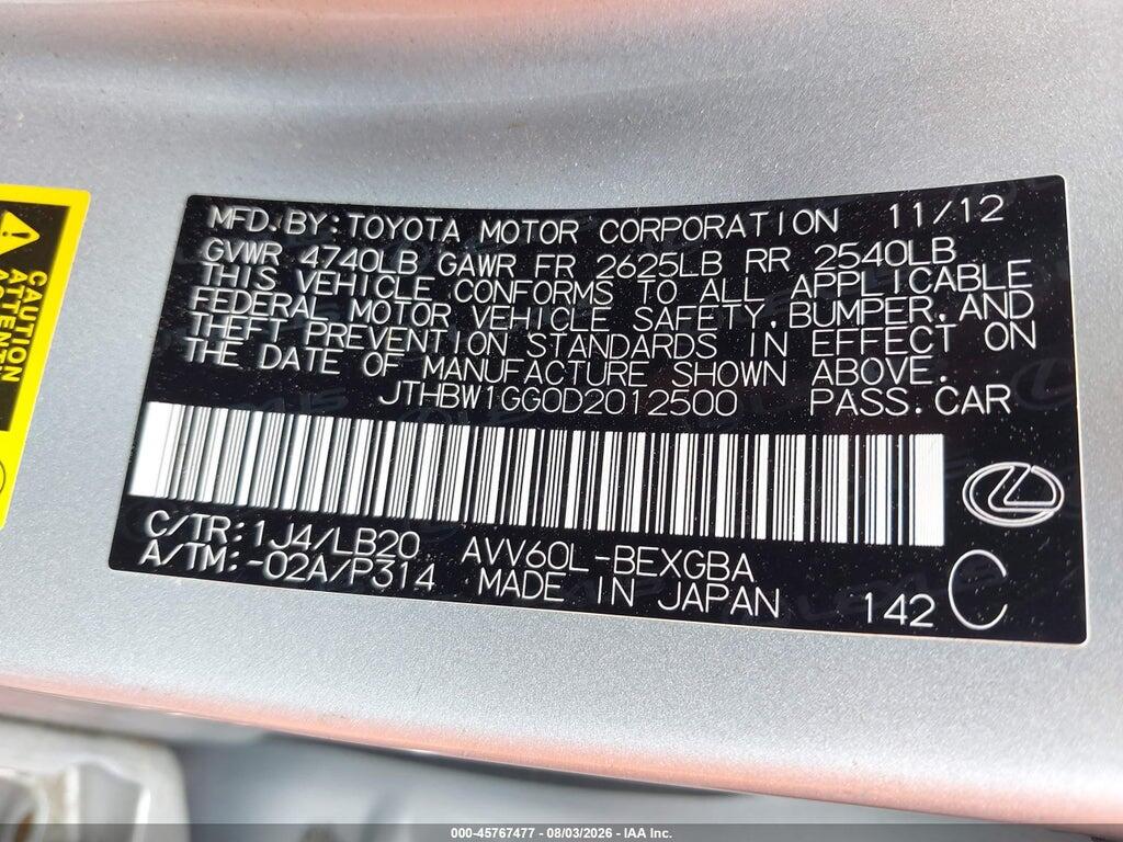 JTHBW1GG0D2012500 2013 LEXUS ES 300H photo no. 9