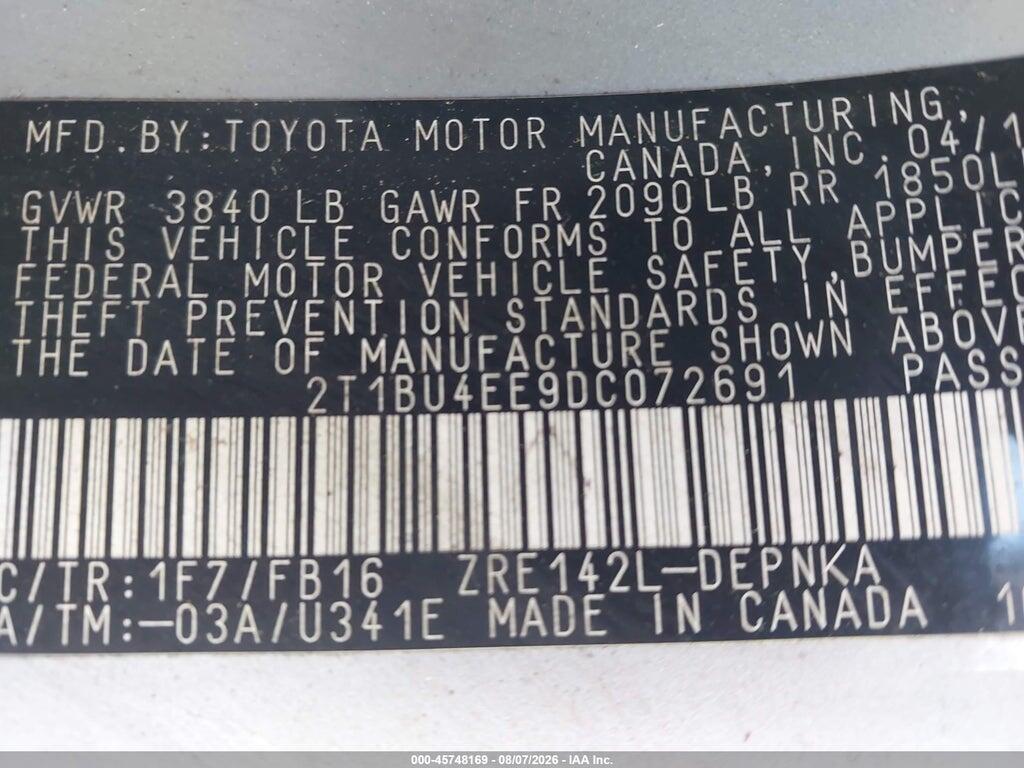 2T1BU4EE9DC072691 2013 TOYOTA COROLLA photo no. 9