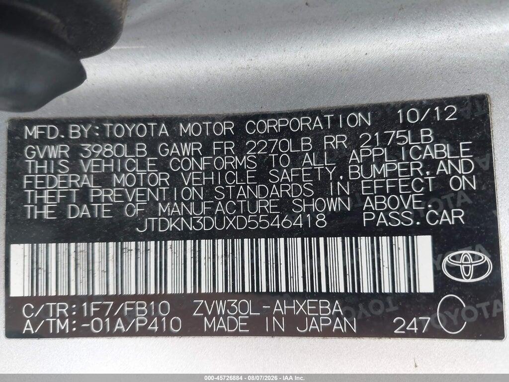 JTDKN3DUXD5546418 2013 TOYOTA PRIUS photo no. 9