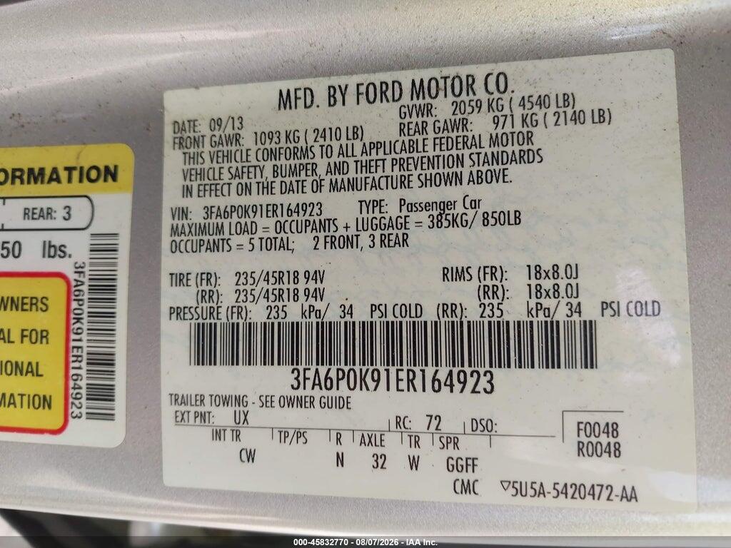 3FA6P0K91ER164923 2014 FORD FUSION photo no. 9