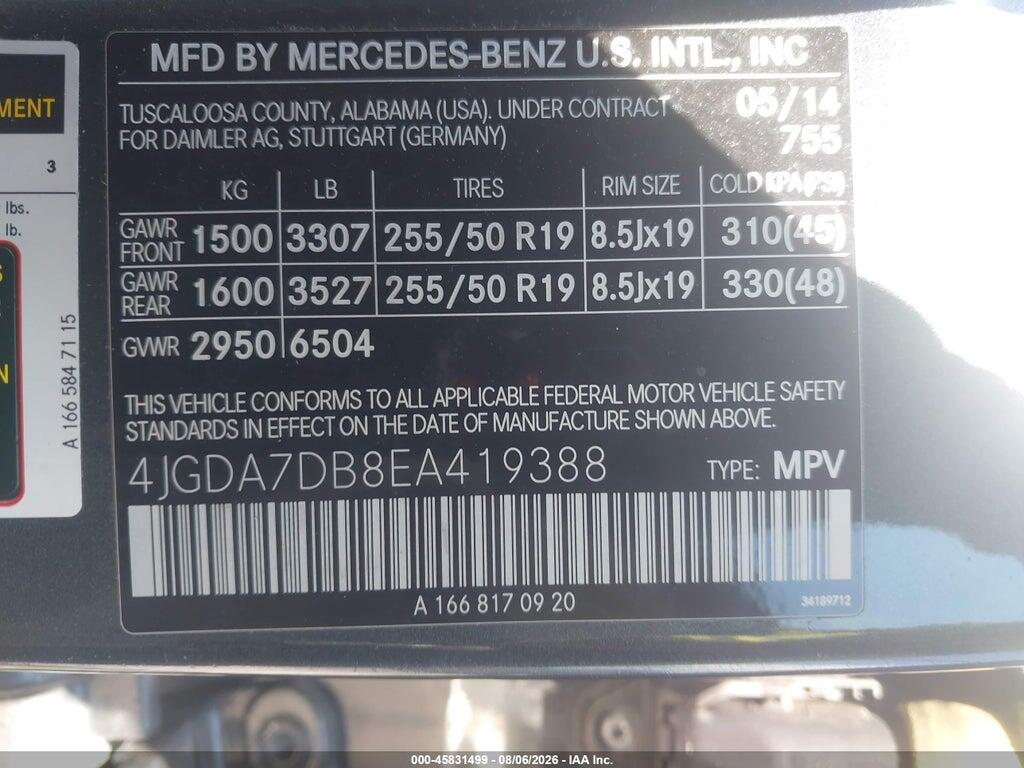 4JGDA7DB8EA419388 2014 MERCEDES-BENZ ML 550 photo no. 9