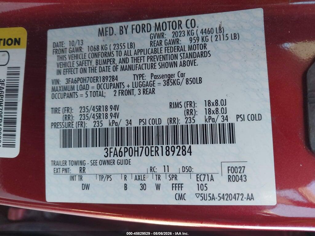 3FA6P0H70ER189284 2014 FORD FUSION photo no. 9