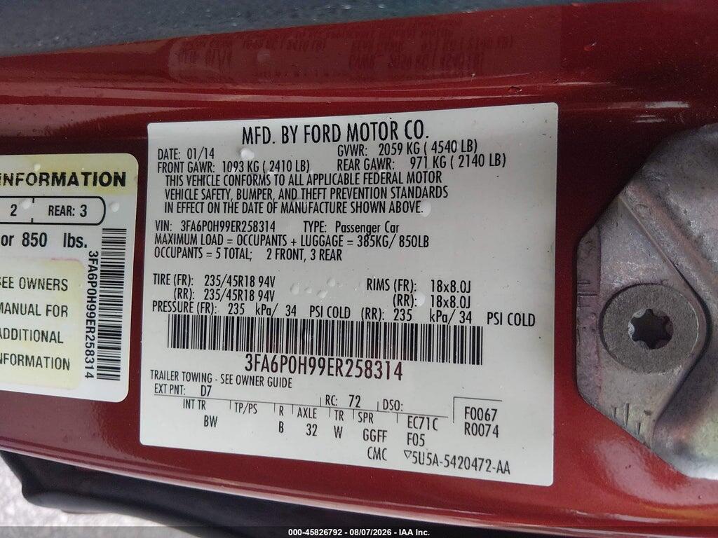 3FA6P0H99ER258314 2014 FORD FUSION photo no. 9