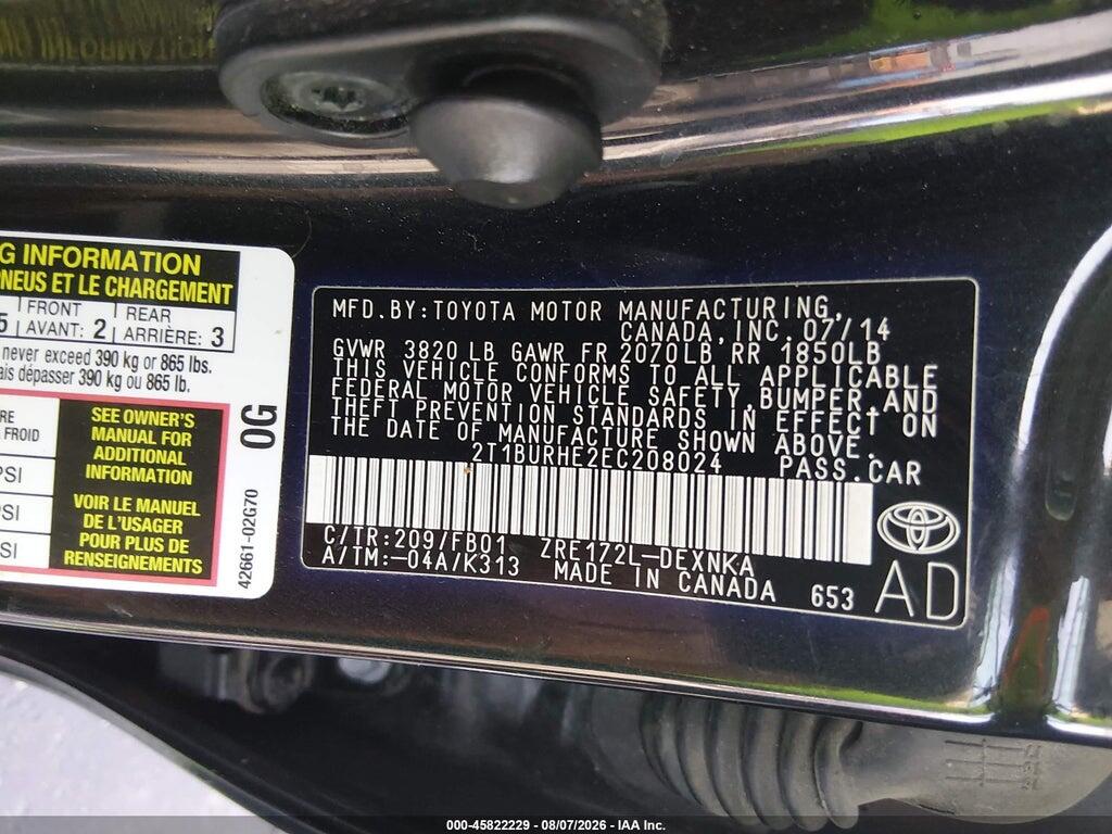 2T1BURHE2EC208024 2014 TOYOTA COROLLA photo no. 9