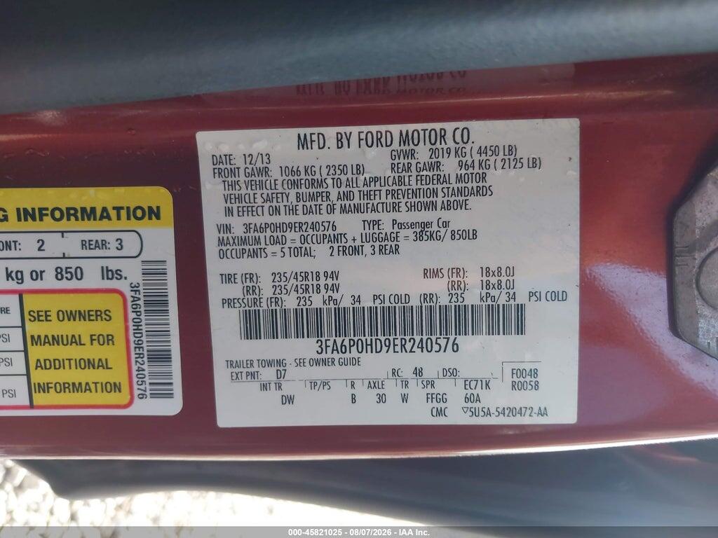 3FA6P0HD9ER240576 2014 FORD FUSION photo no. 9