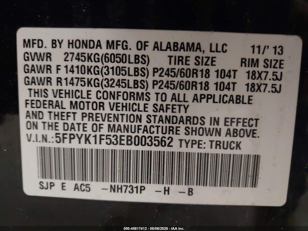 5FPYK1F53EB003562 2014 HONDA RIDGELINE photo no. 9