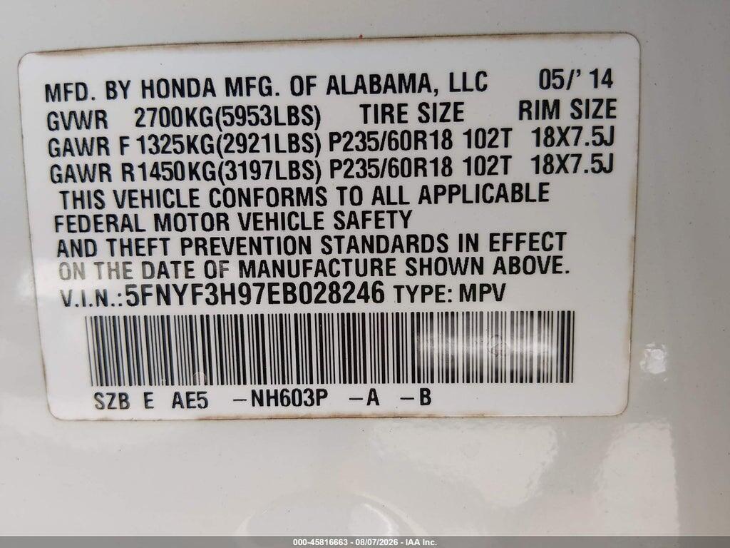 5FNYF3H97EB028246 2014 HONDA PILOT photo no. 9