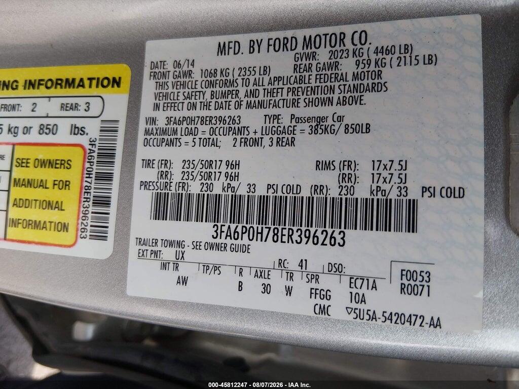 3FA6P0H78ER396263 2014 FORD FUSION photo no. 9