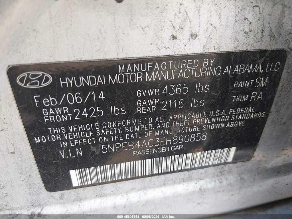 5NPEB4AC3EH890858 2014 HYUNDAI SONATA photo no. 9