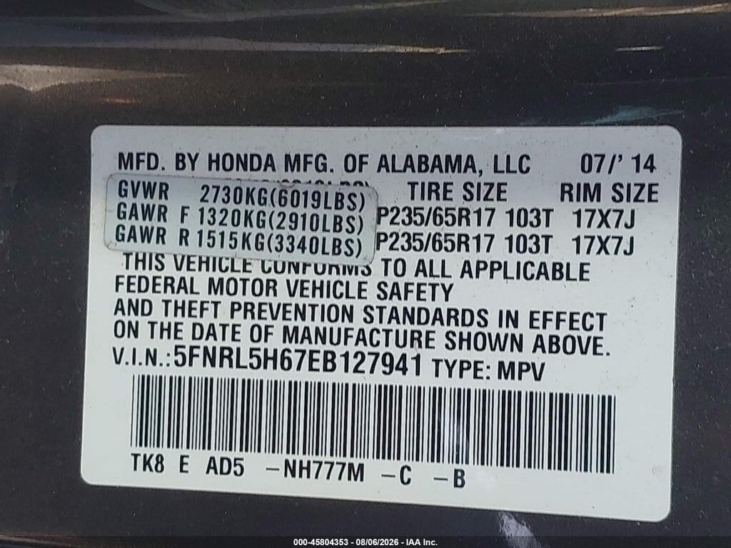 5FNRL5H67EB127941 2014 HONDA ODYSSEY photo no. 9