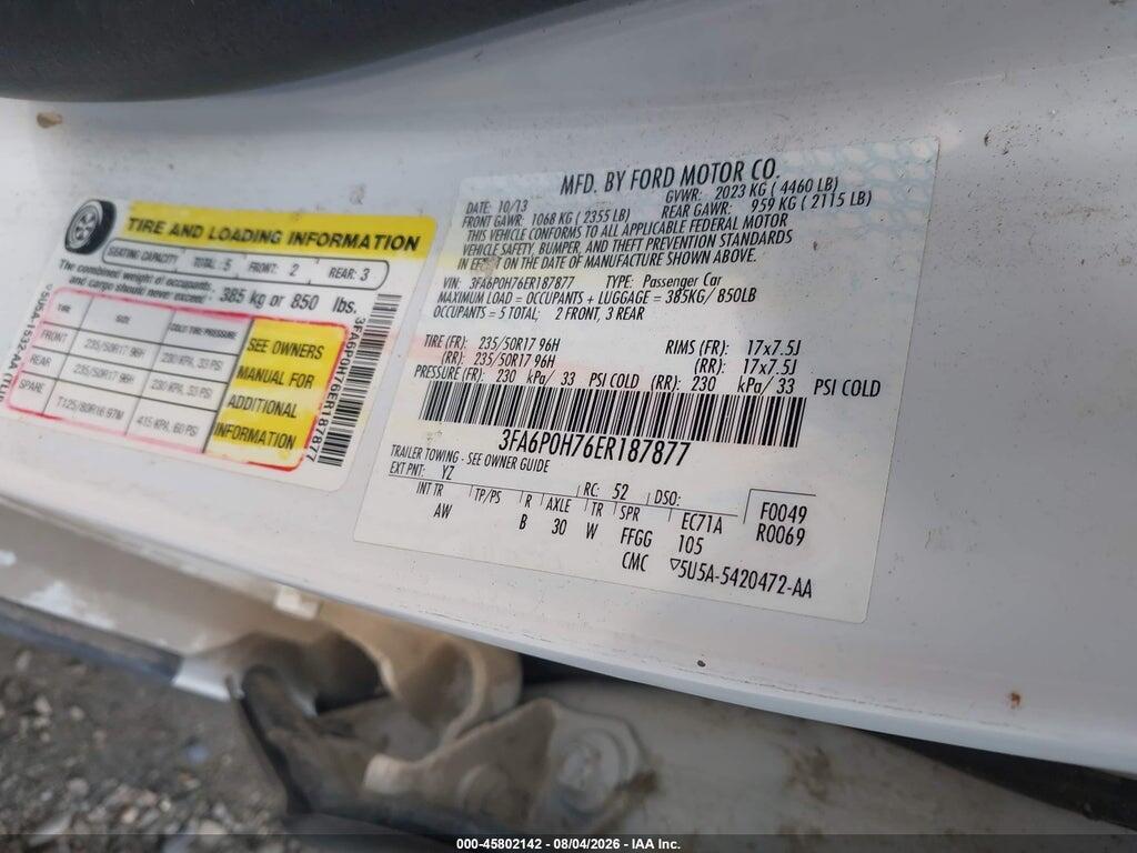3FA6P0H76ER187877 2014 FORD FUSION photo no. 9