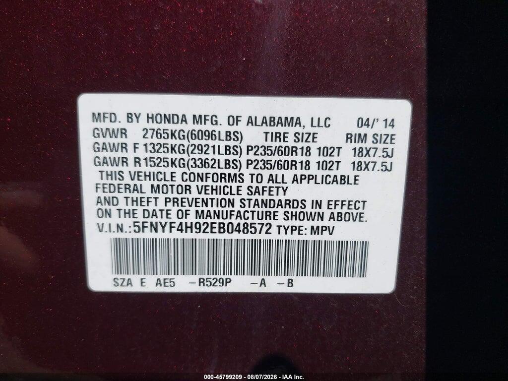 5FNYF4H92EB048572 2014 HONDA PILOT photo no. 9