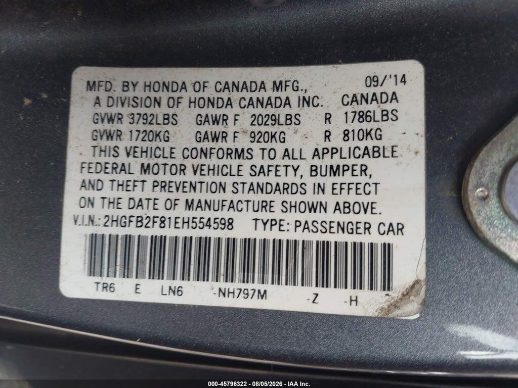 2HGFB2F81EH554598 2014 HONDA CIVIC photo no. 9