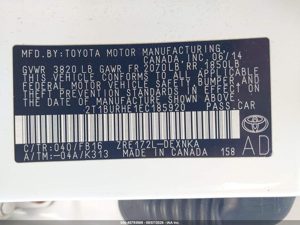 2T1BURHE1EC185920 2014 TOYOTA COROLLA photo no. 9