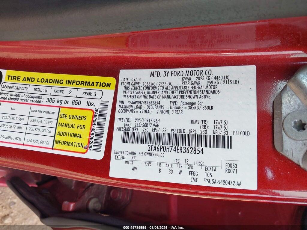 3FA6P0H74ER362854 2014 FORD FUSION photo no. 9