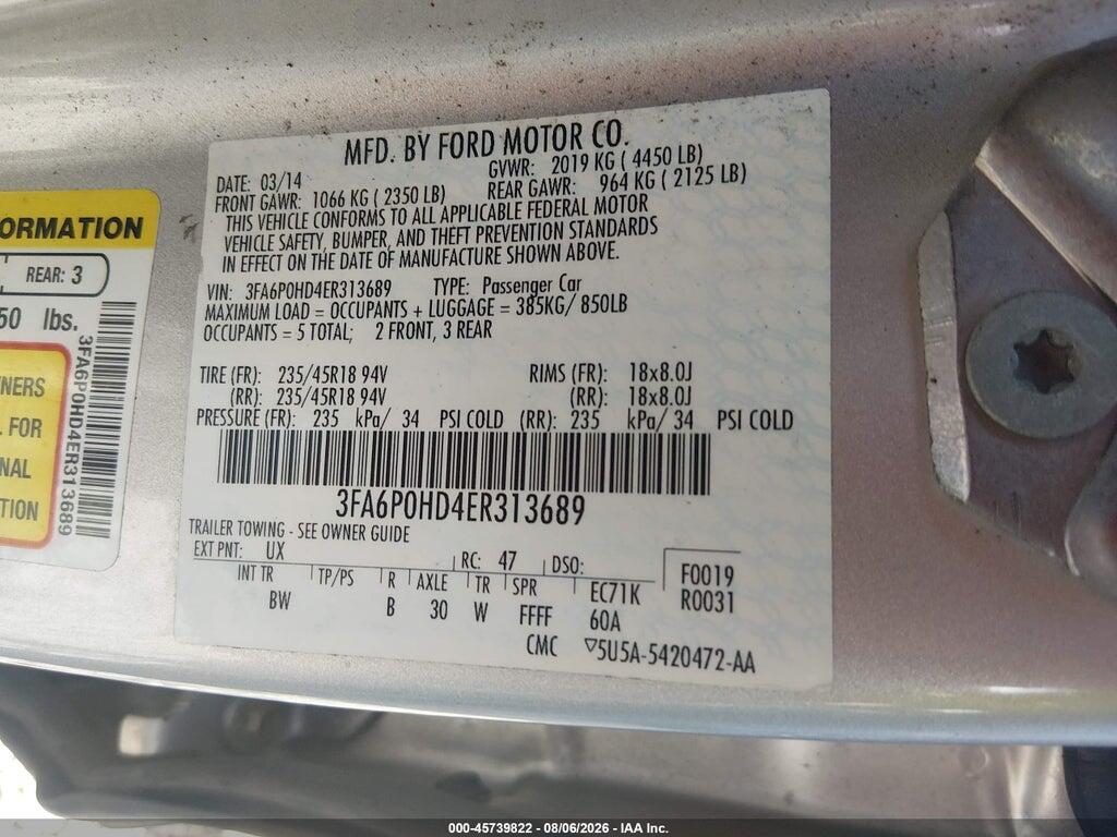 3FA6P0HD4ER313689 2014 FORD FUSION photo no. 9