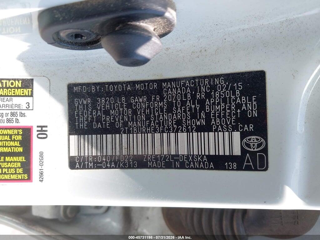 2T1BURHE3FC372612 2015 TOYOTA COROLLA photo no. 9