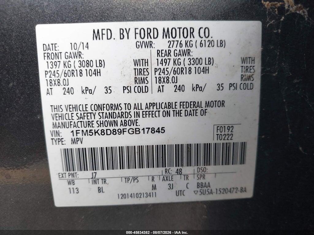 1FM5K8D89FGB17845 2015 FORD EXPLORER photo no. 9