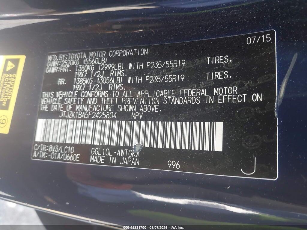 JTJZK1BA5F2425804 2015 LEXUS RX 350 photo no. 9