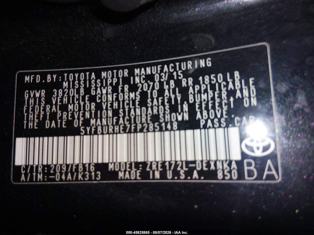 5YFBURHE7FP285148 2015 TOYOTA COROLLA photo no. 9
