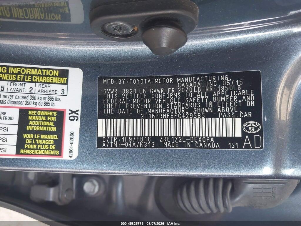 2T1BPRHE6FC429585 2015 TOYOTA COROLLA photo no. 9