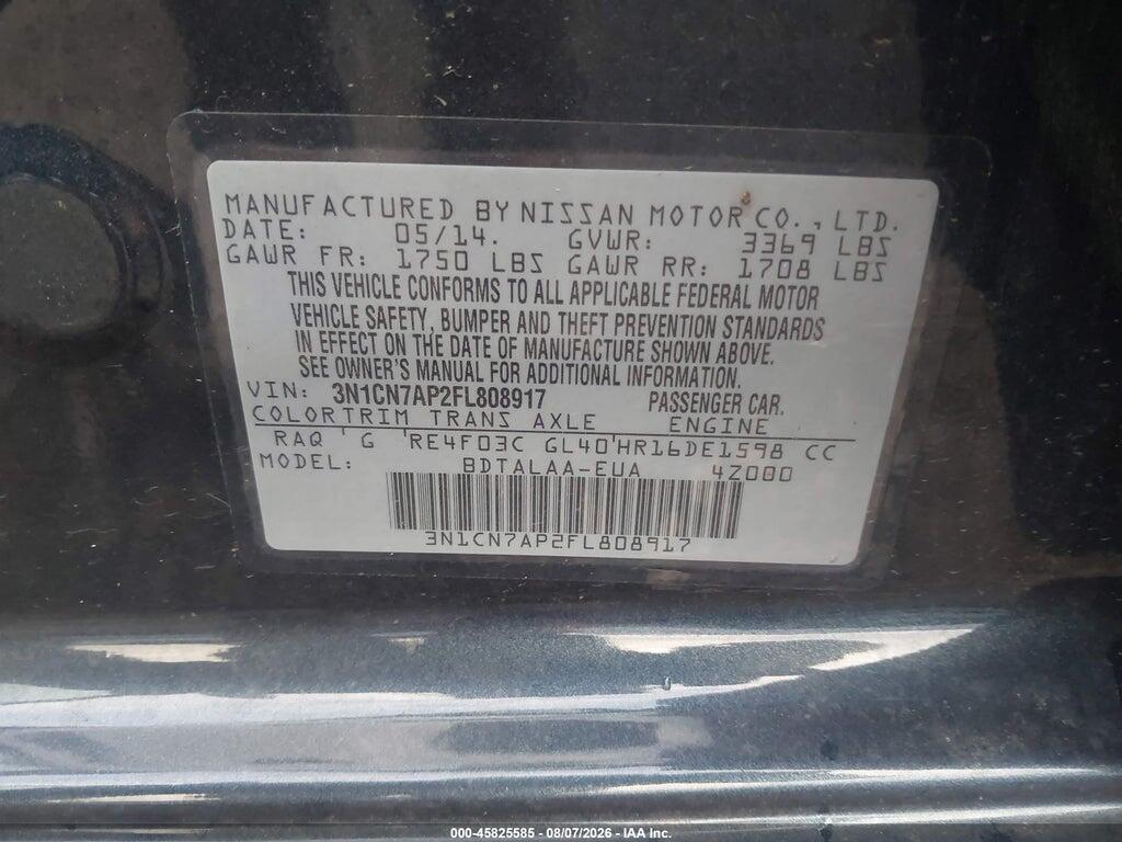 3N1CN7AP2FL808917 2015 NISSAN VERSA photo no. 9