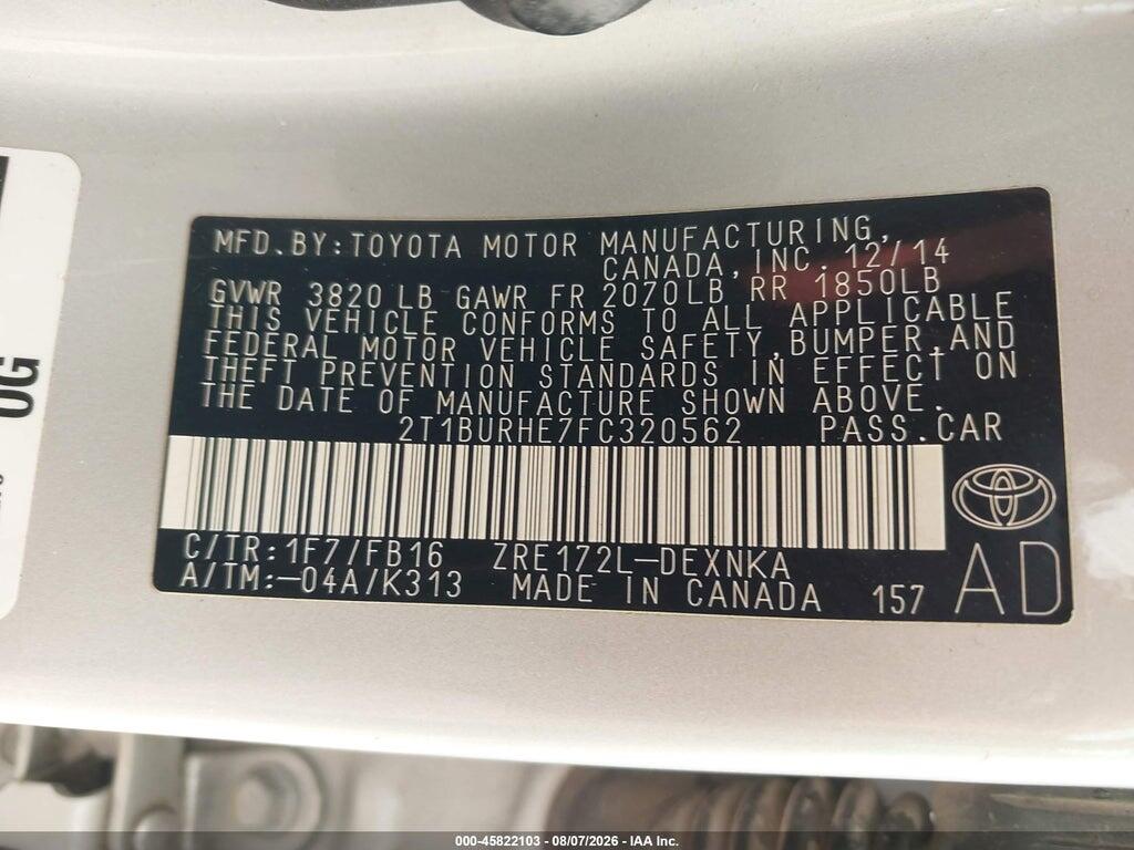 2T1BURHE7FC320562 2015 TOYOTA COROLLA photo no. 9